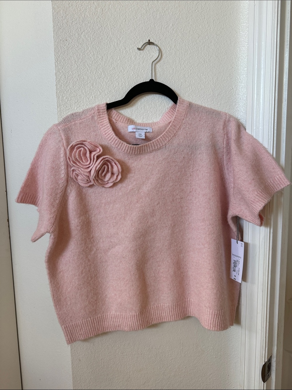 Liz Claiborne Blush Pink Short Sleeve Rosette Sweater - Picture 4 of 11